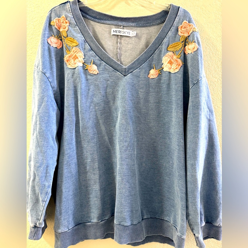 Meriskye Chambray Floral Embroidered Sweatshirt
